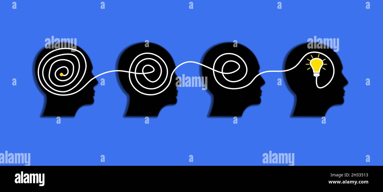 Développement de l'idée dans le concept du cerveau humain.Le point se transforme en ampoule lumineuse dans l'esprit humain.De la complexité à la simplicité.Brainstorming, Banque D'Images