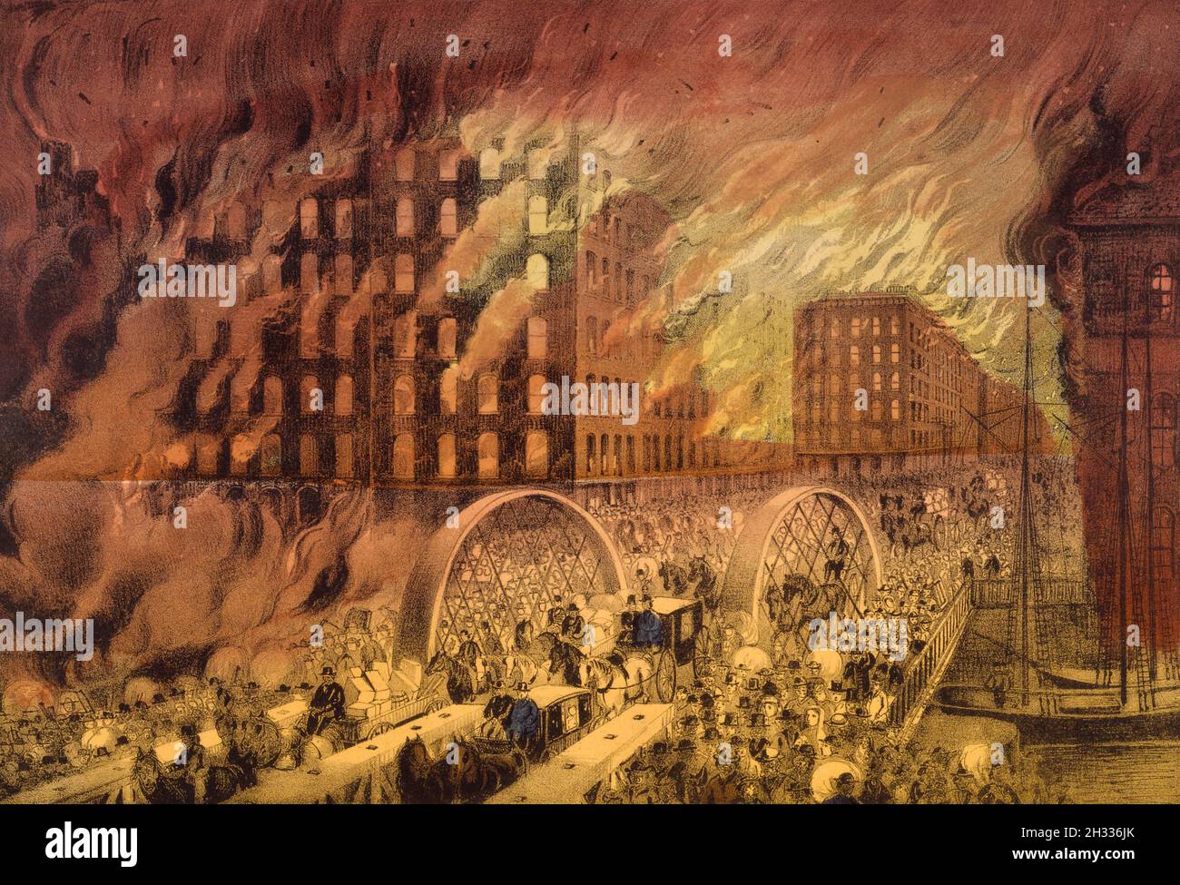 Les citoyens s'échappant du pont de Randolph Street pendant le Grand incendie de Chicago de 1871 qui a brûlé d'octobre 8 à octobre 10 et détruit une zone d'environ 6.5 kilomètres sur 1.5 kilomètres de large (environ 4 milles sur 1 mile).300 personnes sont mortes.100,000 personnes ont été laissées sans abri.La catastrophe a conduit à un boom de la construction.Après un travail publié par Currier et Ives. Banque D'Images