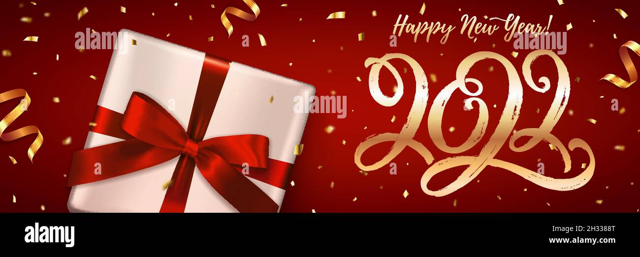 Bonne année !Bannière horizontale avec lettrage 2022.Illustration vectorielle de Noël avec figurines dessinées à la main, boîte-cadeau et confetti dorés. Illustration de Vecteur