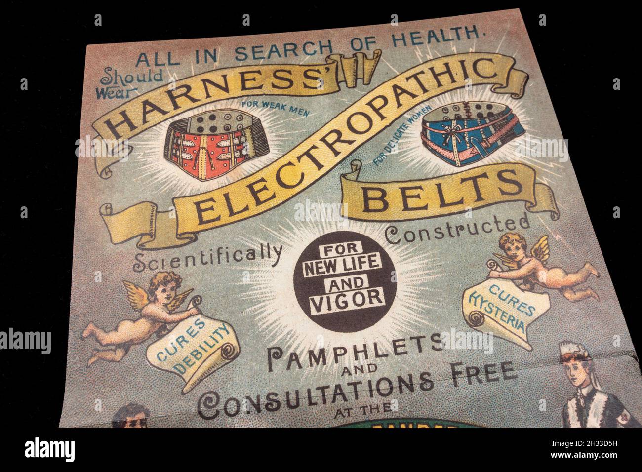 Brochure publicitaire victorienne (réplique) pour 'harnais' Electropathic Belts'. Banque D'Images