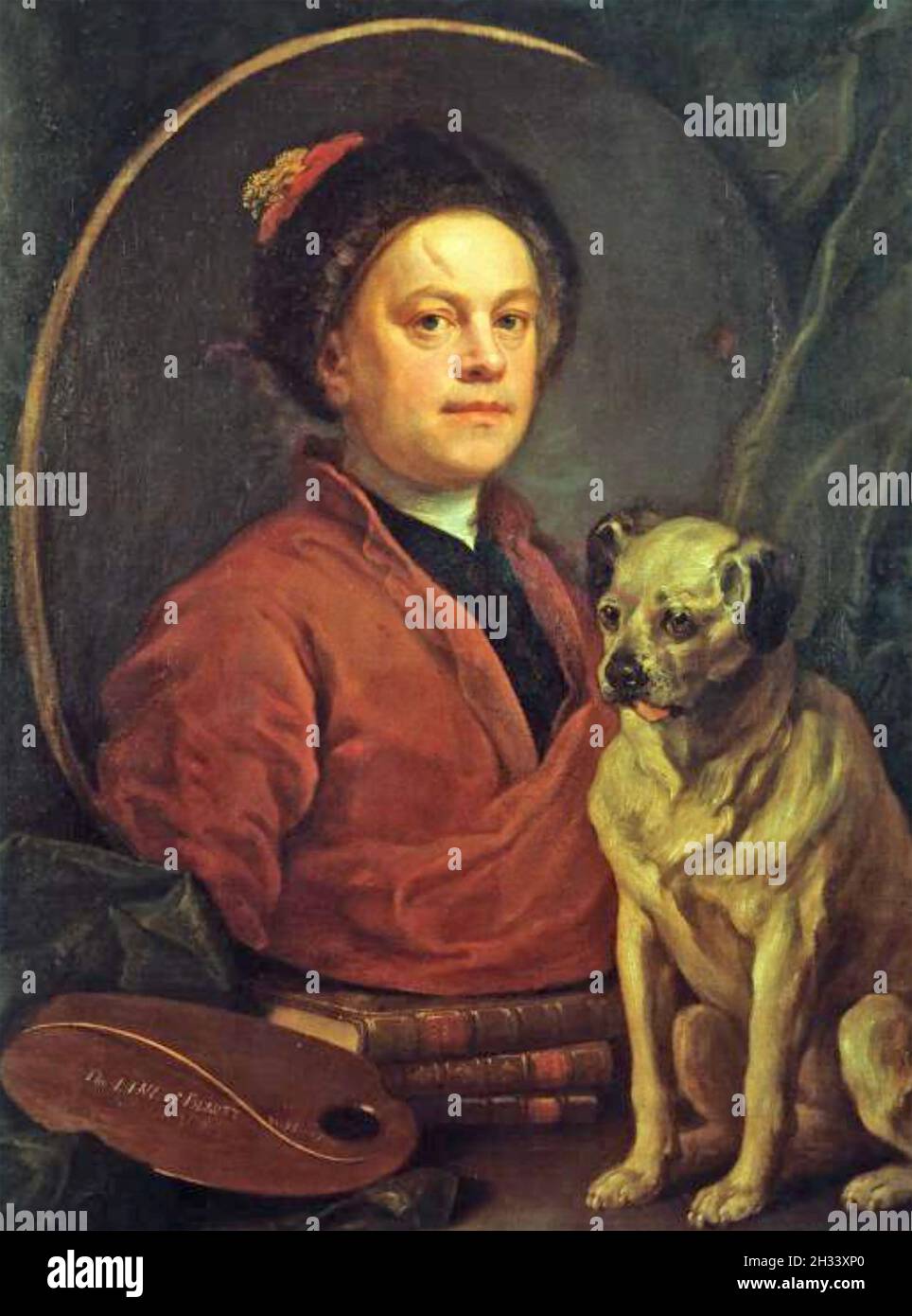 WILLIAM HOGARTH (1697-1764) artiste anglais et critique social dans un autoportrait de 1745 avec son chien Trump Banque D'Images