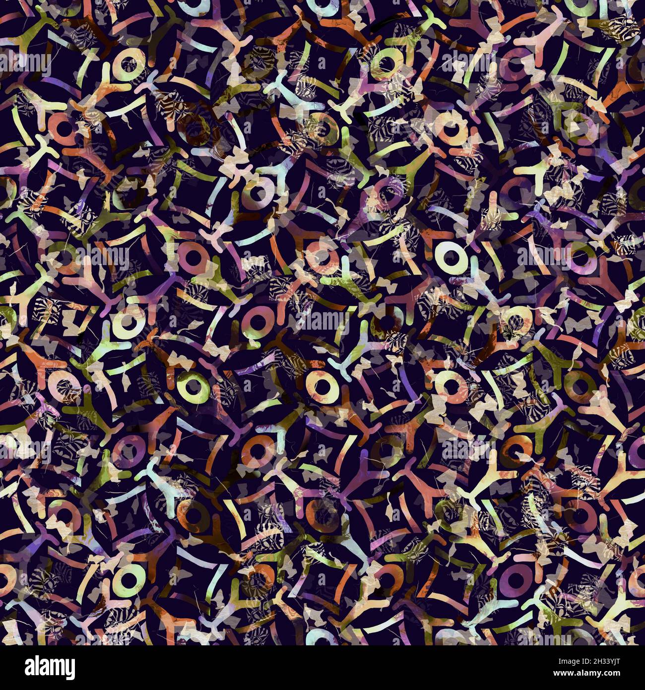 Imprimé camouflage géométrique exotique multicolore de boho.Motif de répétition détaillé pour le sol sombre automnal sans couture. Banque D'Images