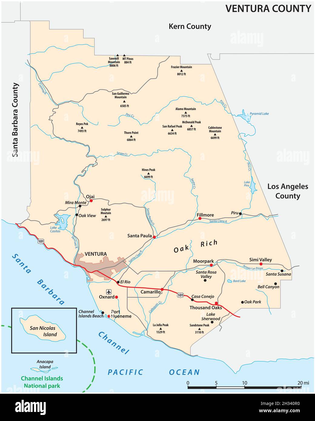 Carte routière vectorielle du comté de Ventura en Californie, États-Unis Illustration de Vecteur