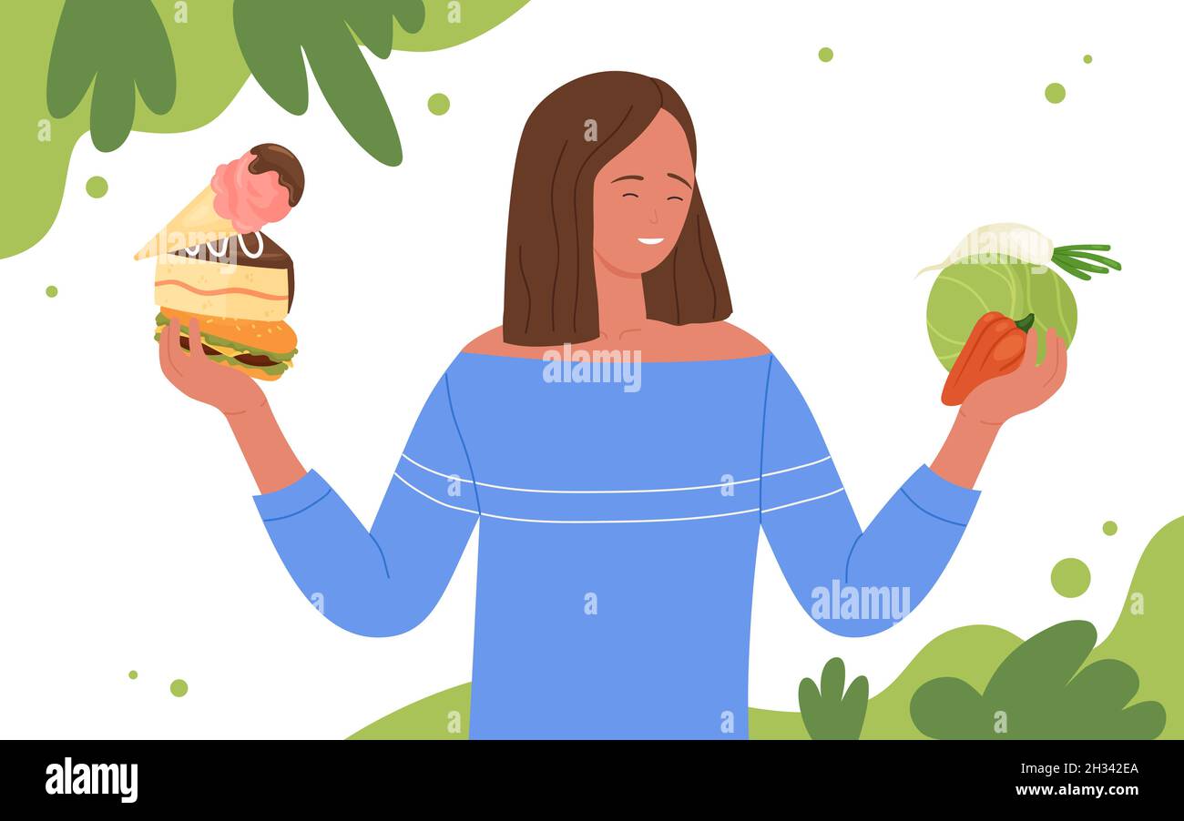 Équilibre alimentaire, alimentation saine pour le bien-être illustration vecteur.Personnage de femme de dessin animé tenant des légumes et des bonbons dans les mains pour comparer la proportion d'ingrédients.Concept de mode de vie sain Illustration de Vecteur