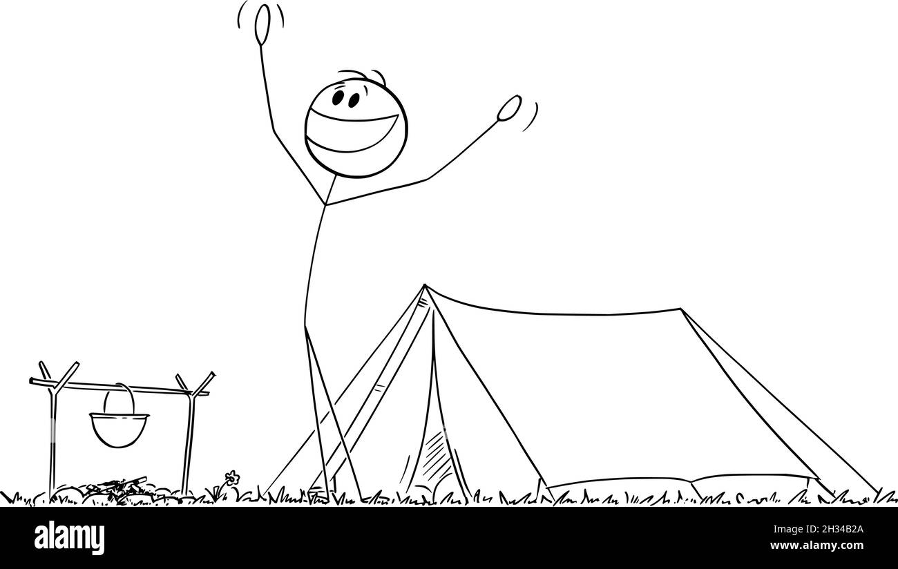 Happy Person appréciant le matin près de la tente dans la nature , Vector Cartoon Stick Figure Illustration Illustration de Vecteur