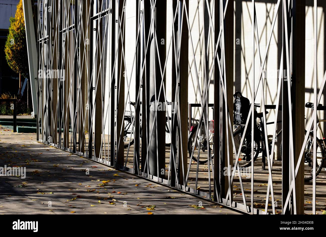 clôture moderne en aluminium à revêtement poudré. trottoir en pierre grise. arrière-plan de la rue. scène urbaine. enceinte de rangement pour vélos. écran de confidentialité. Banque D'Images