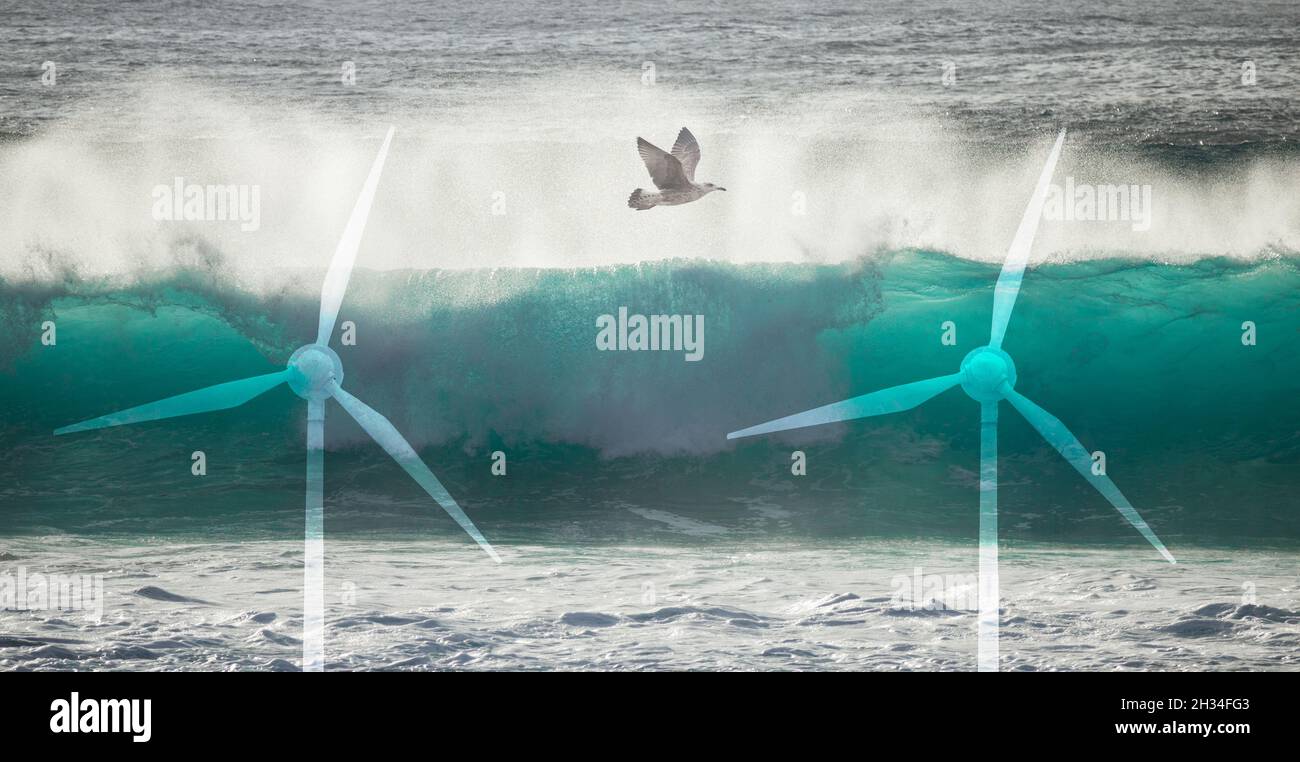 Éoliennes offshore, turbines et vague de rupture.Vent, énergie des vagues, énergie renouvelable propre, réchauffement climatique, zéro net,énergies renouvelables... concept. Banque D'Images