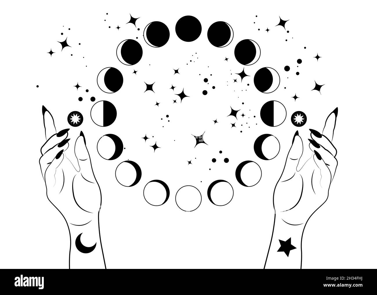 Phases de lune mystique et mains de femme, symbole de la déesse de wiccan païen Triple lune, espace magique ésotérique alchimie, cycle lunaire de roue sacrée, vecteur isolé Illustration de Vecteur