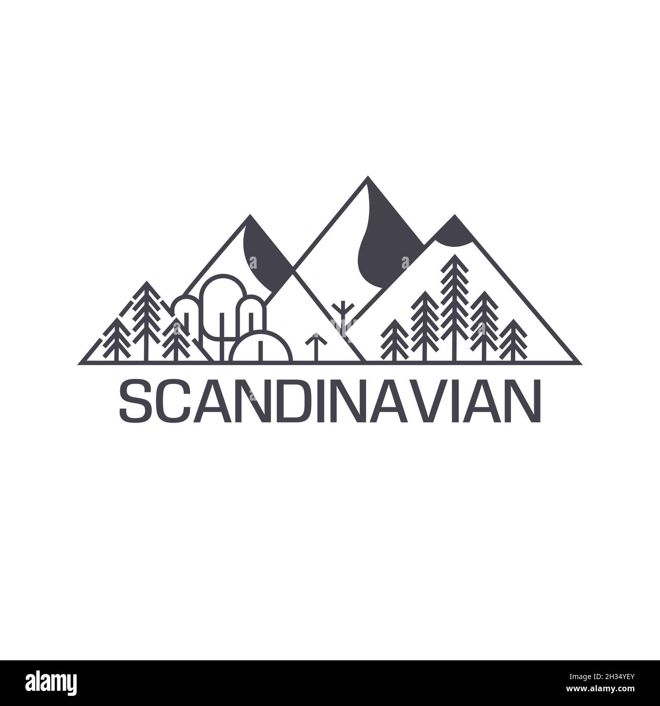 Le logo scandinave.Paysage scandinave dans un style plat.Montagnes vertes, nature septentrionale, forêts et sapins Illustration de Vecteur