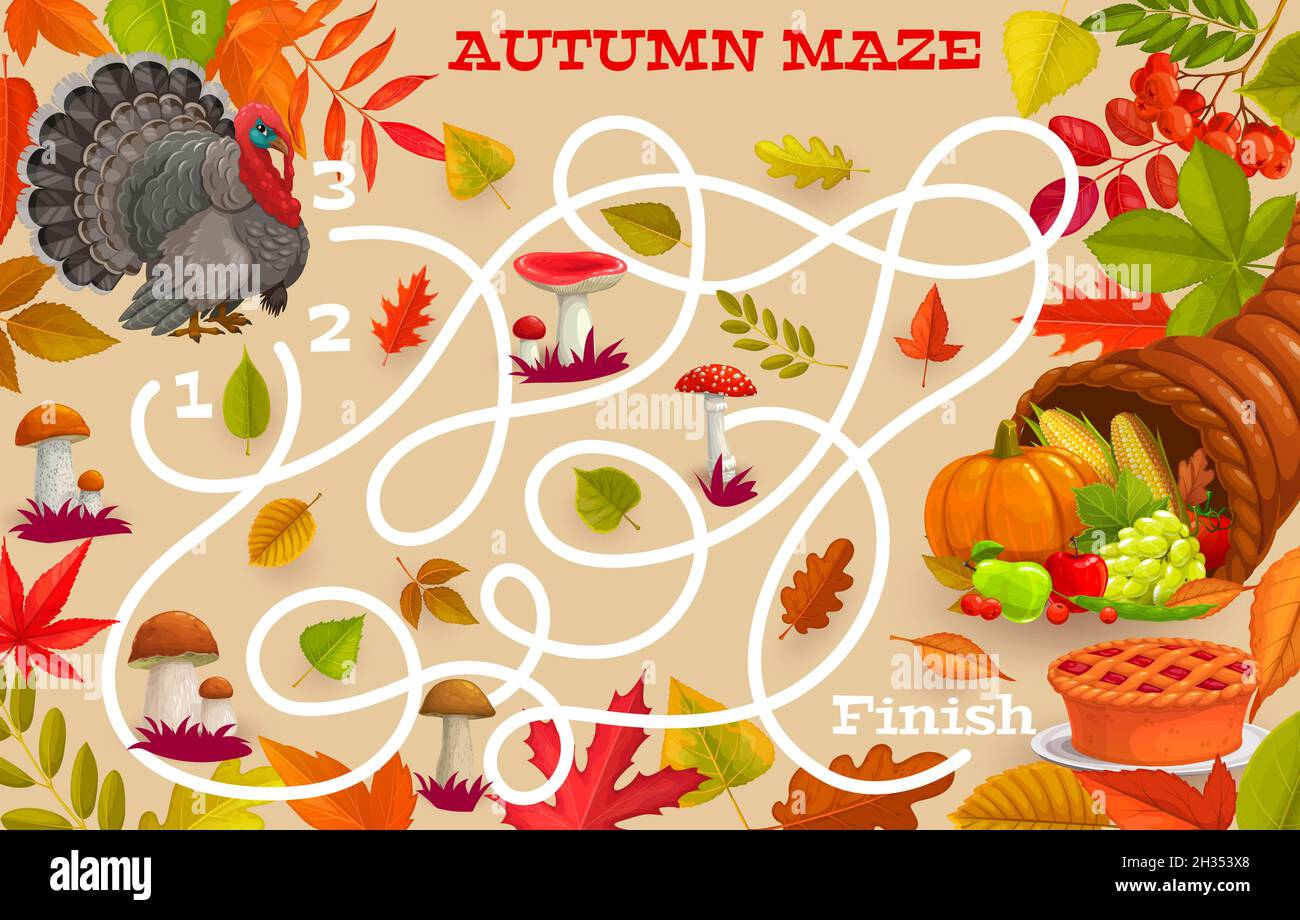 Jeu de labyrinthe de labyrinthe de Thanksgiving avec cornucopia vecteur, dinde, feuilles d'automne, tarte et champignons.Commencez à terminer le jeu de puzzle pour enfants ou trouvez le bon chemin Illustration de Vecteur
