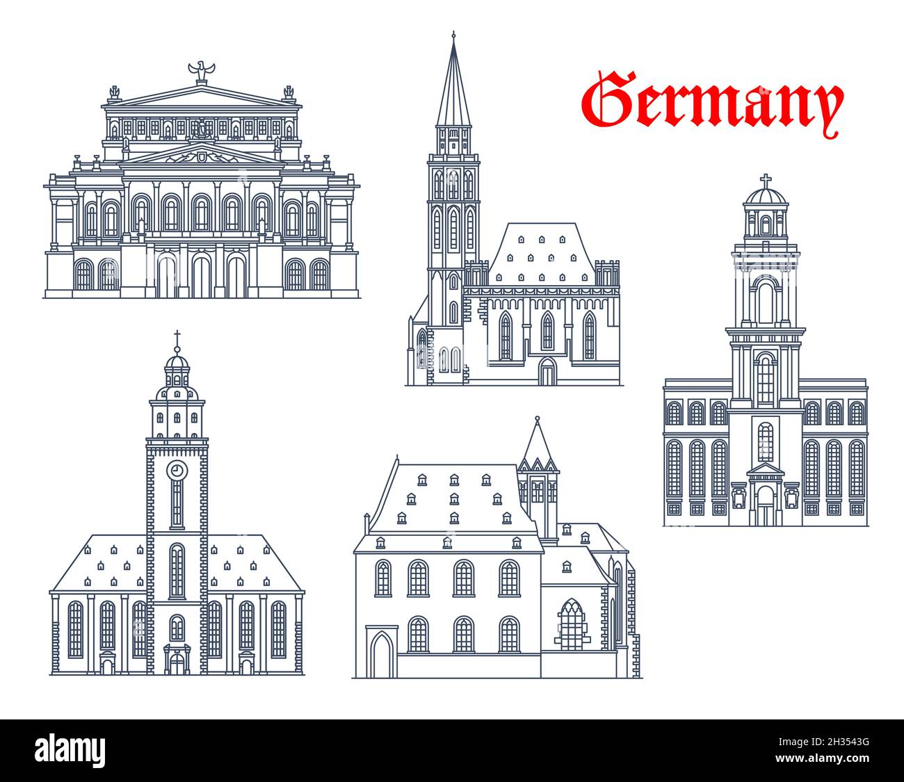 Allemagne, Francfort bâtiments d'architecture et Voyage points de repère, Vector.Églises de Sainte Catherine, Saint Paul et Leonhard, salle de concert de l'ancien Opéra et Illustration de Vecteur