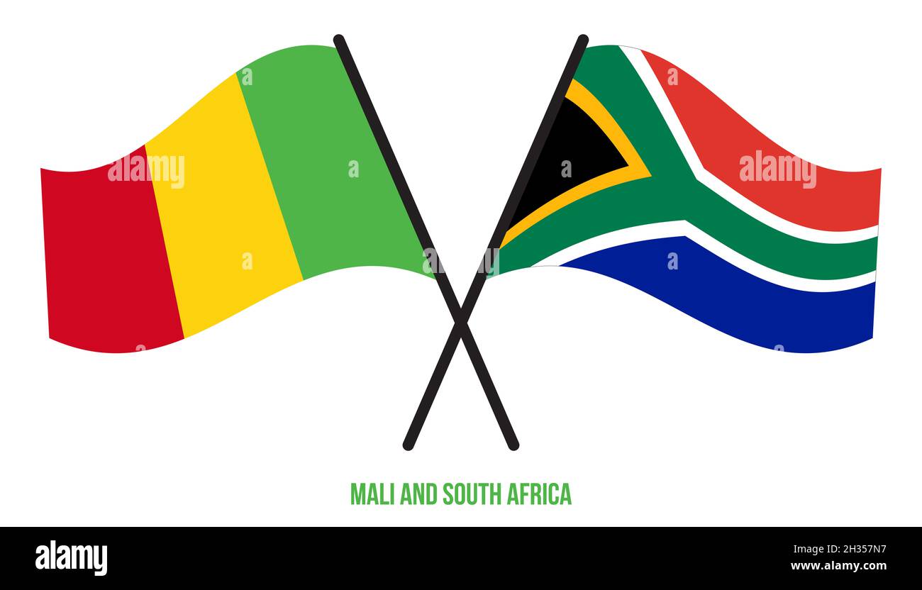 Mali et Afrique du Sud drapeaux croisés et ondulant le style plat.Proportion officielle.Corriger les couleurs. Banque D'Images
