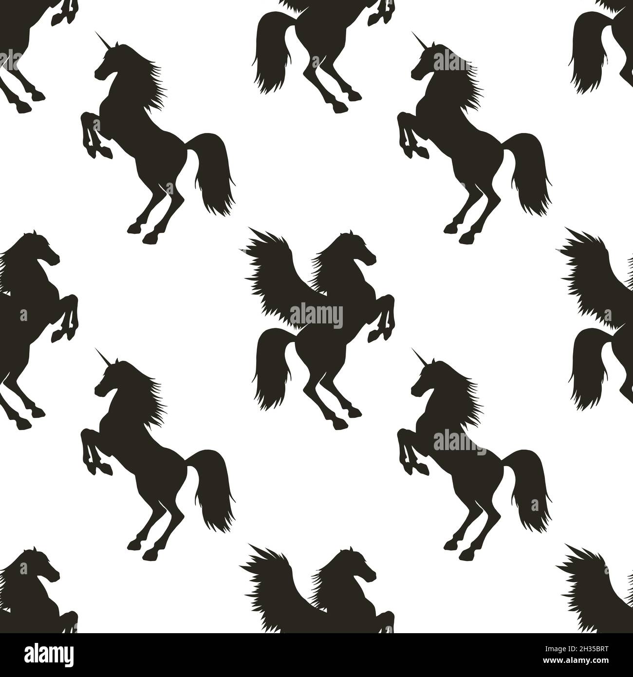 Motif vectoriel sans couture avec silhouettes dessinées à la main Pegasus et Unicorn.En noir et blanc. Illustration de Vecteur