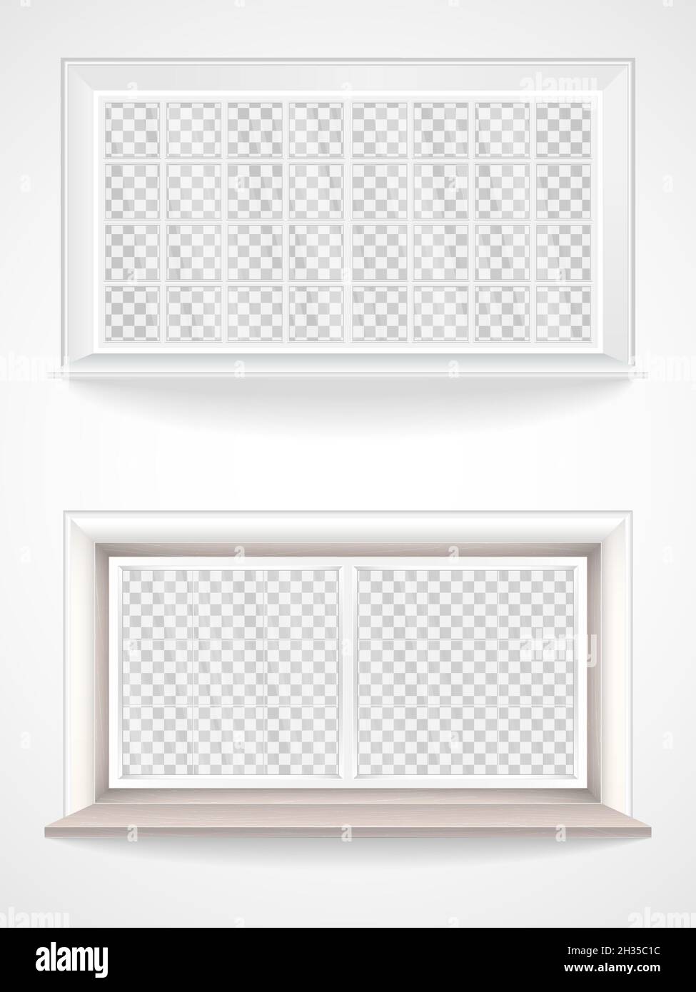 Ensemble vectoriel de fenêtres en bois et en plastique dans un style réaliste, jalousie et verre transparent. Illustration de Vecteur
