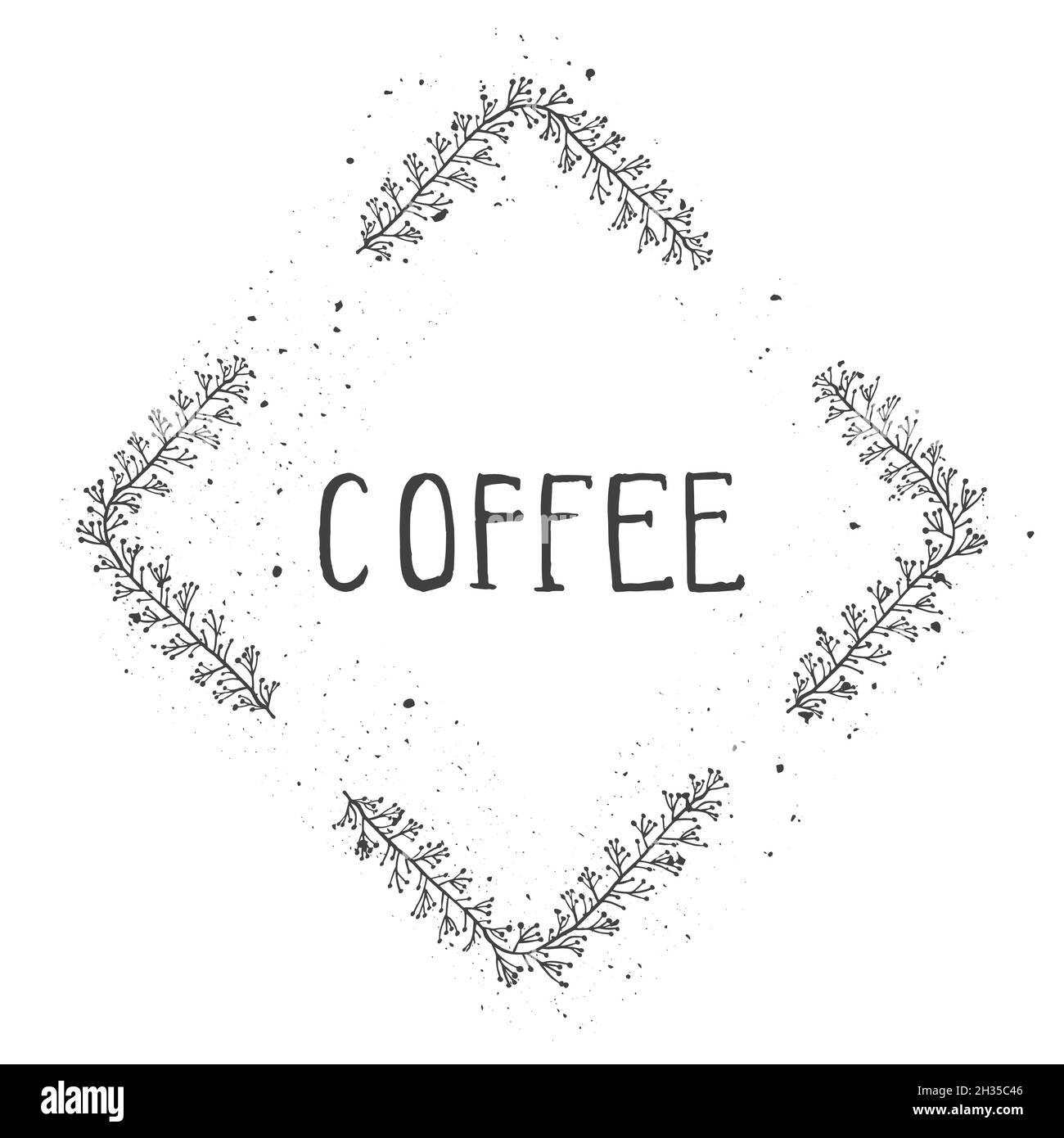 Illustration vectorielle à la main du texte CADRE RHOMBOÏDE À MOTIF CAFÉ et floral avec texture à l'encre de grunge sur fond blanc.Monochrome. Illustration de Vecteur