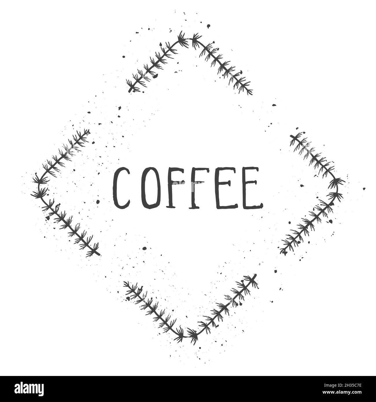 Illustration vectorielle à la main du texte CADRE RHOMBOÏDE À MOTIF CAFÉ et floral avec texture à l'encre de grunge sur fond blanc.Monochrome. Illustration de Vecteur