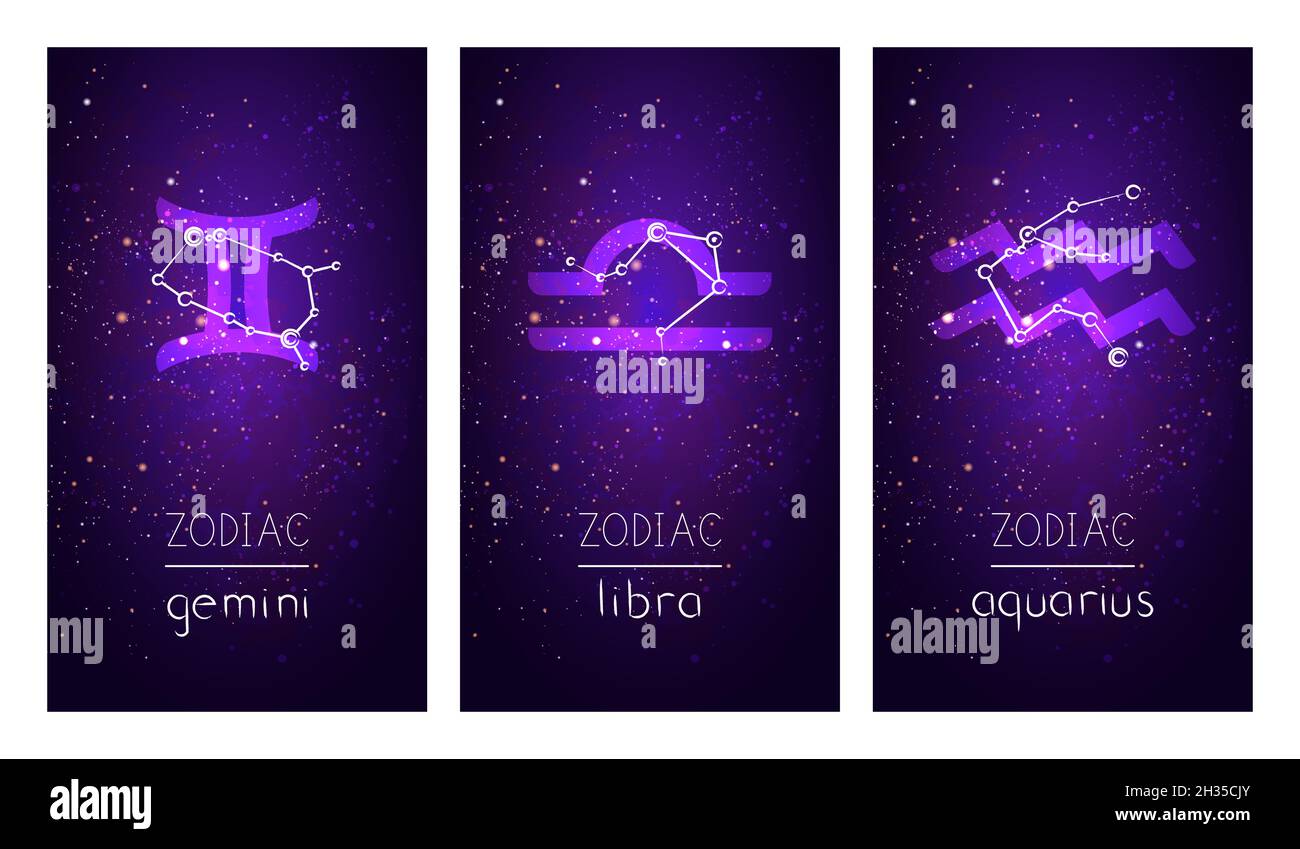 Jeu de trois cartes avec des signes du zodiaque, constellations astrologiques et lettrage à la main sur le ciel étoilé.Collection des Air Eleemen Illustration de Vecteur