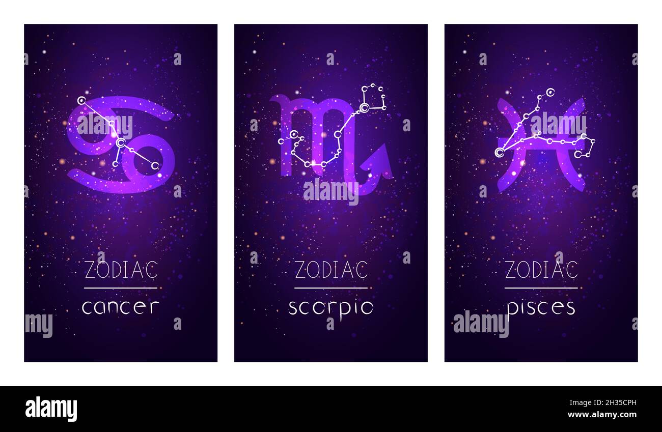 Jeu de trois cartes avec des signes du zodiaque, constellations astrologiques et lettrage à la main sur le ciel étoilé.Collection de l'Elem d'eau Illustration de Vecteur