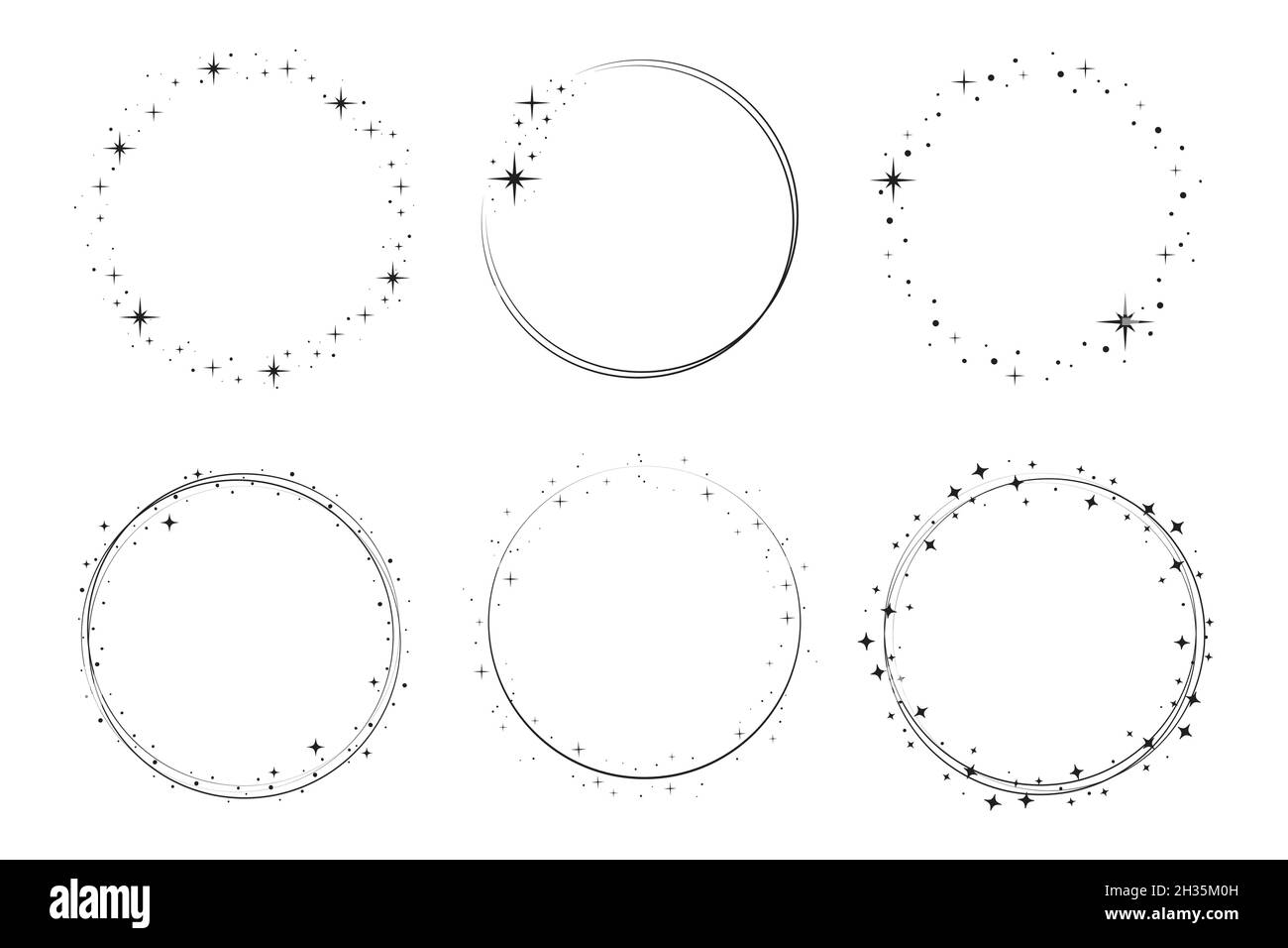 Ensemble de cadres de cercle en étoile.Couronne ronde bordure stardust pour fête, décoration d'anniversaire.Cadre Laurel avec éclat cosmique scintillant.Illustration noire isolée à vecteur plat. Illustration de Vecteur