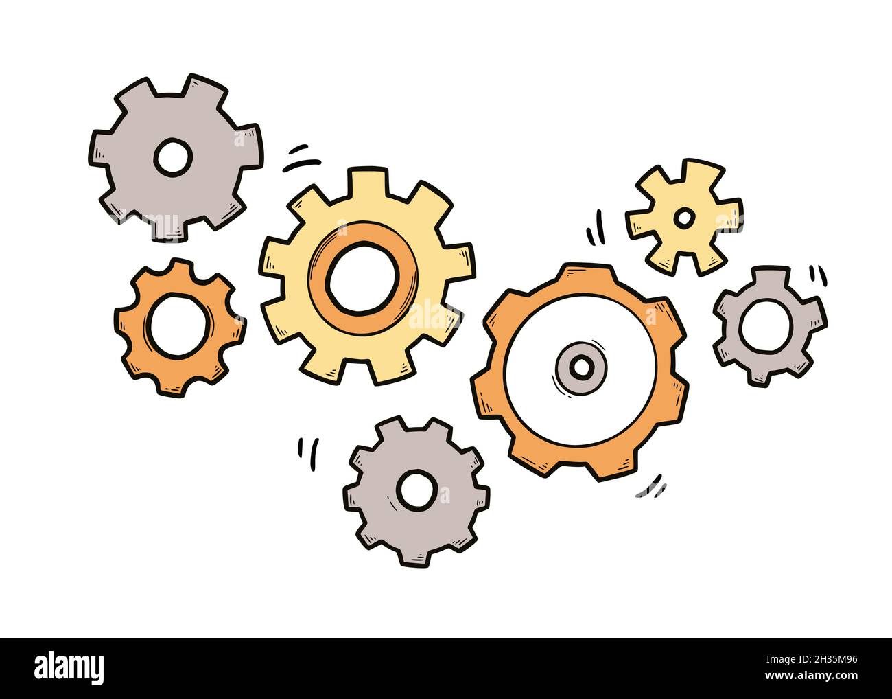Jeu d'engrenages entraînés manuellement.Mécanisme d'engrenage de couleur de style d'esquisse Doodle.Concept d'idée d'entreprise, travail d'équipe, parcours.Illustration du vecteur de cog Doodle. Illustration de Vecteur