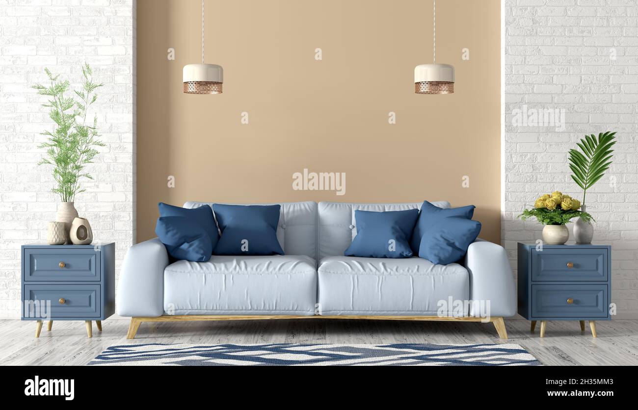Intérieur moderne du salon avec canapé bleu clair, armoires et lumières rendu 3d Banque D'Images