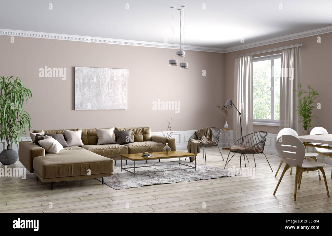 Décoration intérieure moderne de l'appartement scandinave, salon avec  canapé marron, fauteuils, salle à manger, rendu 3d Photo Stock - Alamy