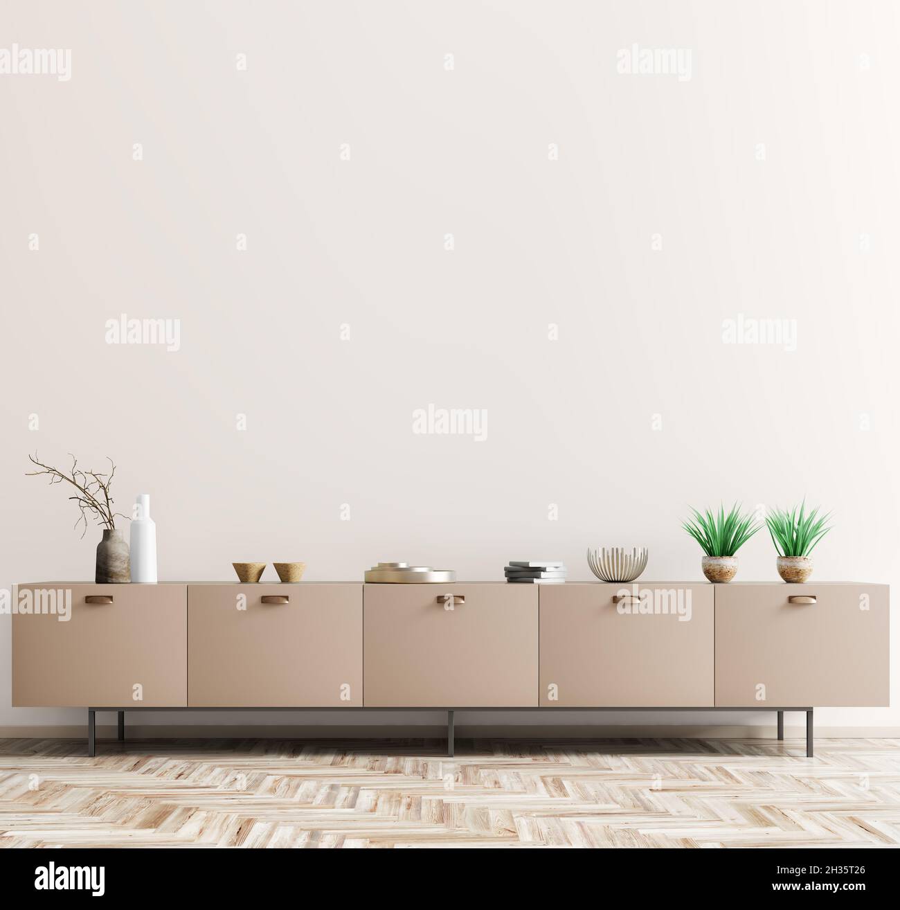 Décoration intérieure de la salle de séjour avec commode beige sur le mur d'ecru.Décoration maison arrière-plan avec accessoires, vase avec branche, pots de fleurs et livres.WA Banque D'Images