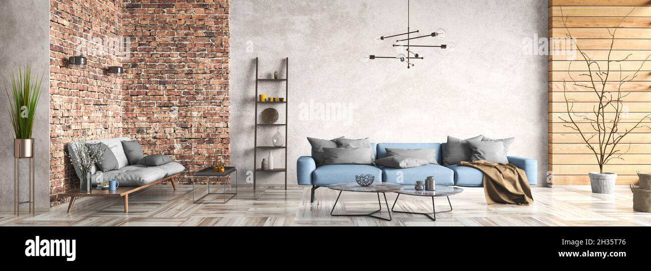 Décoration intérieure moderne de cet appartement loft, salon avec canapé bleu et gris.Décoration maison avec murs en brique et en stuc.Panorama.rendu 3d Banque D'Images