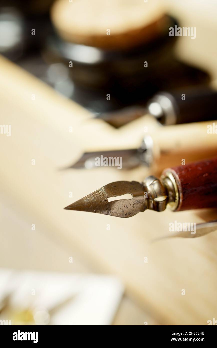 Stylos à plume pour calligraphie dans une boîte en bois. Banque D'Images