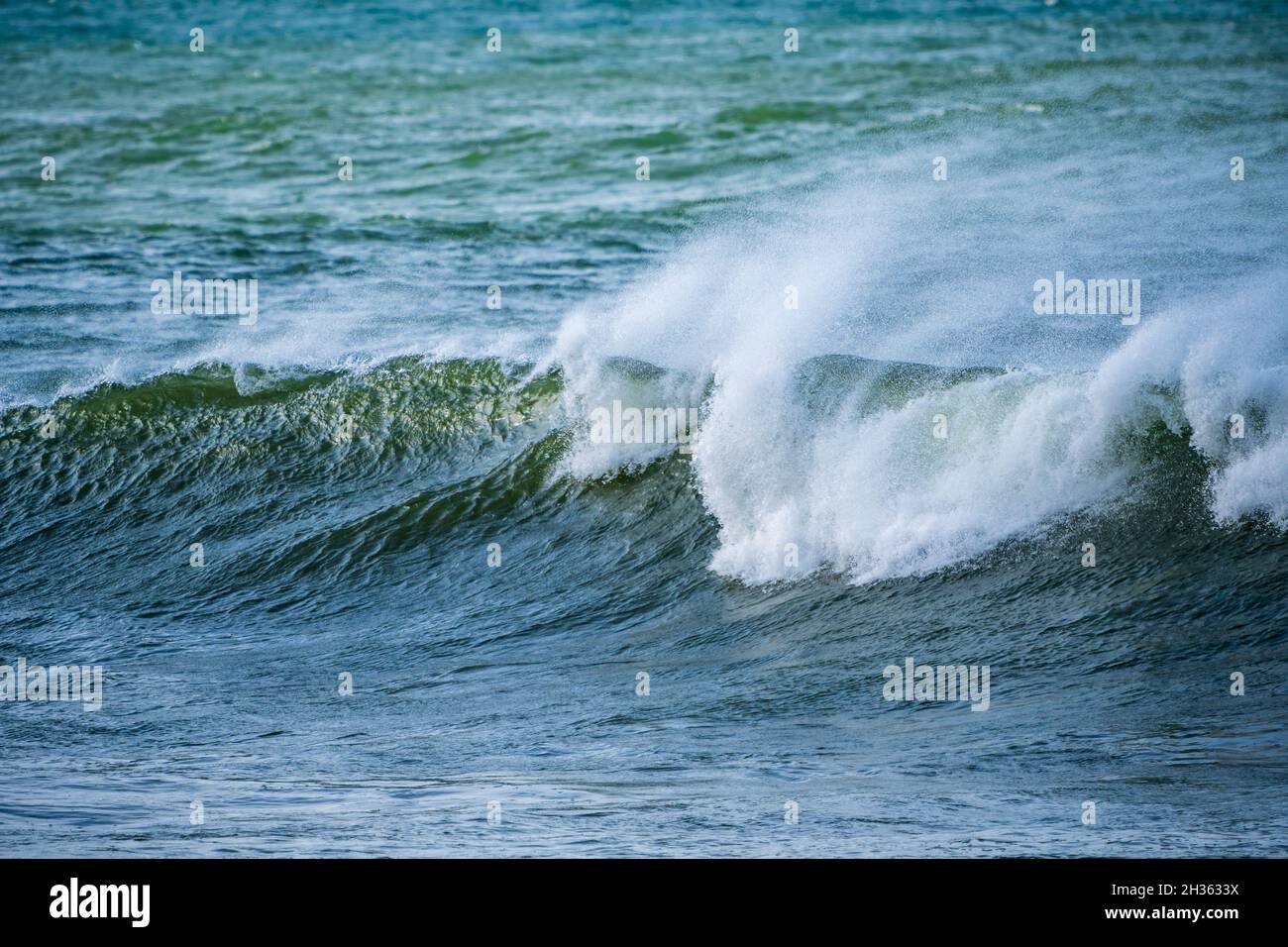 De belles vagues de l'océan tôt le matin avec des jets ont été bown par de forts vents.Hermanus.Côte des baleines.Overberg.WESTERN Cape.Afrique du Sud Banque D'Images