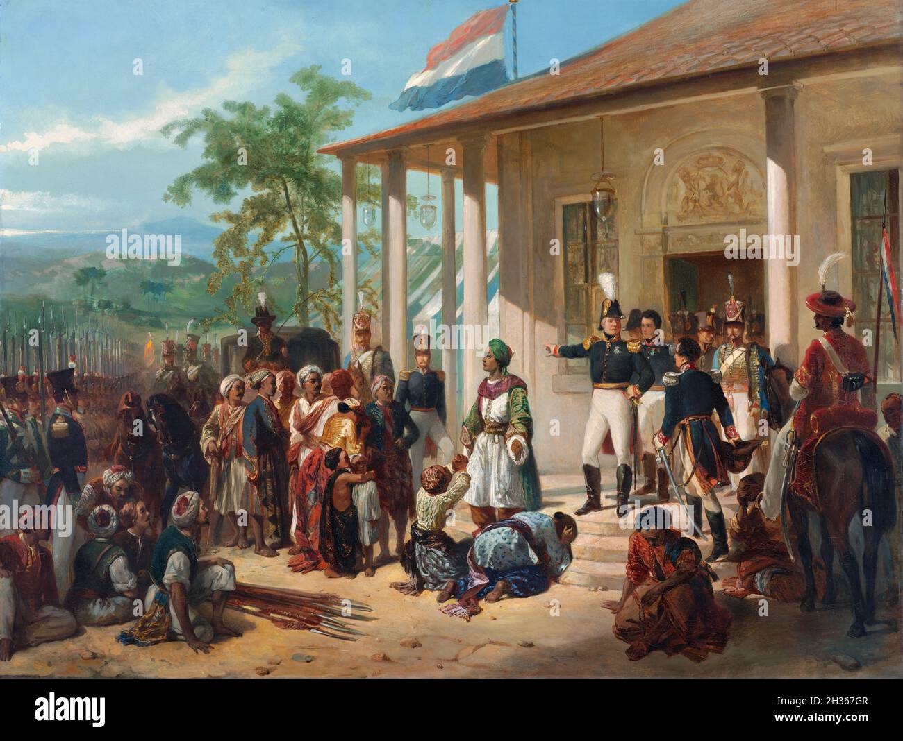 Pays-Bas / Indonésie: 'La soumission du Prince Dipo Negoro au général de Kock'.Peinture à l'huile sur toile par Nicolaas Pieneman (1809-1860), 1835.Le tableau décrit les événements du 28 mars 1830, qui ont entraîné la fin de la guerre de Java (1825-1830).Le prince javanais, Dipo Negoro, descend dans les escaliers de la résidence néerlandaise de Magelang après sa remise au général Baron de Kock.Deux personnages avant-lorns se jettent aux pieds du prince.Sur le terrain, en signe de reddition, se trouvent un certain nombre de lances appartenant aux disciples de Dipo Negoro.De Kock pointe résolument vers un chariot. Banque D'Images