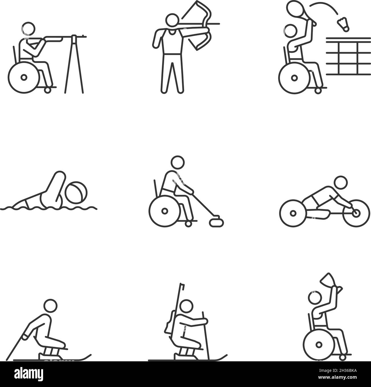 Jeux d'icônes linéaires pour athlètes handicapés Illustration de Vecteur