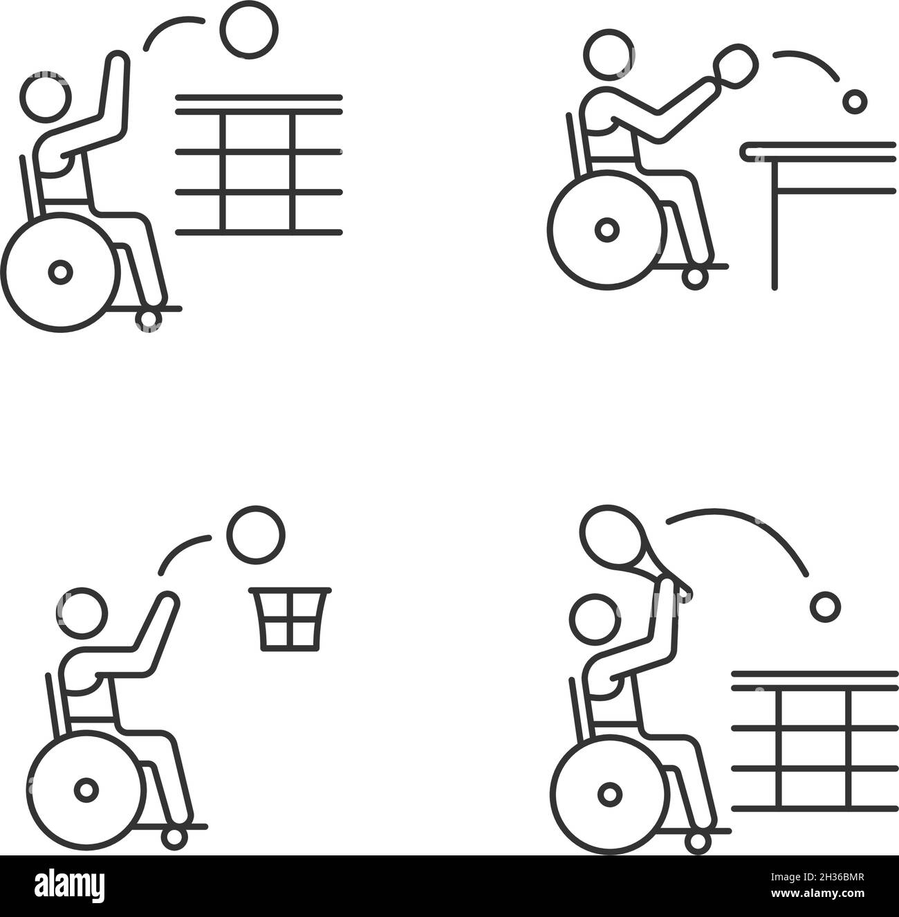 Jeu d'icônes linéaires de sport en fauteuil roulant adaptatif Illustration de Vecteur