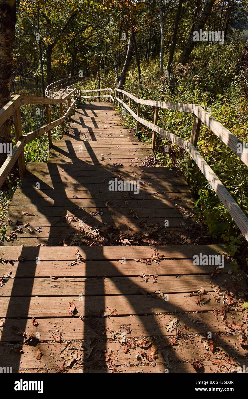 Escaliers en bois menant à la chapelle du parc du comté d'Indian Lake dans le comté de Dane, WISCONSIN Banque D'Images