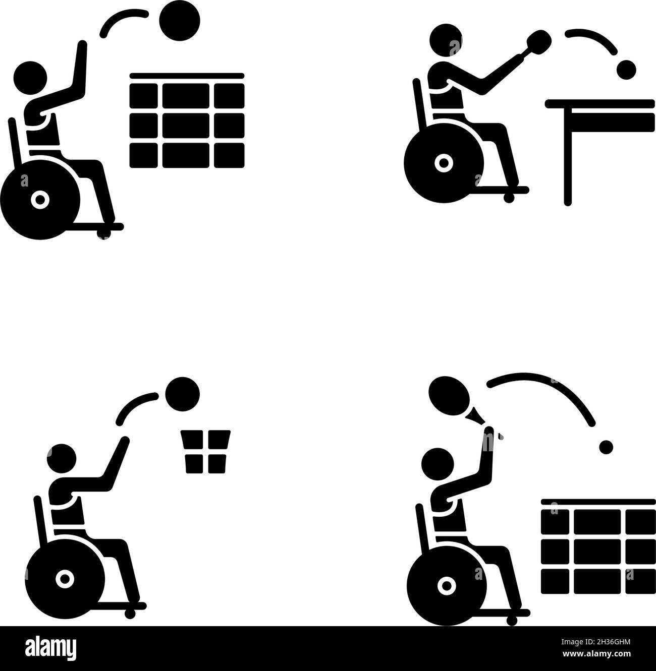 Les icônes de glyphe noires de sport en fauteuil roulant adaptatif sont placées sur un espace blanc Illustration de Vecteur