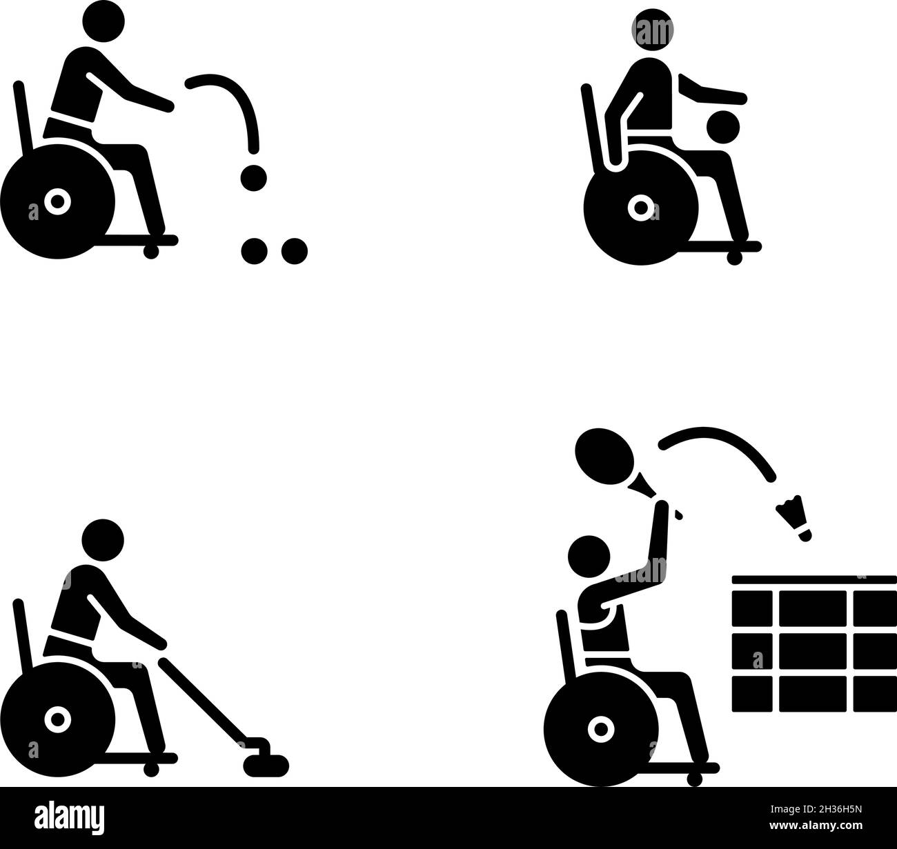 Les icônes de glyphe noir de sport en fauteuil roulant sont placées sur un espace blanc Illustration de Vecteur