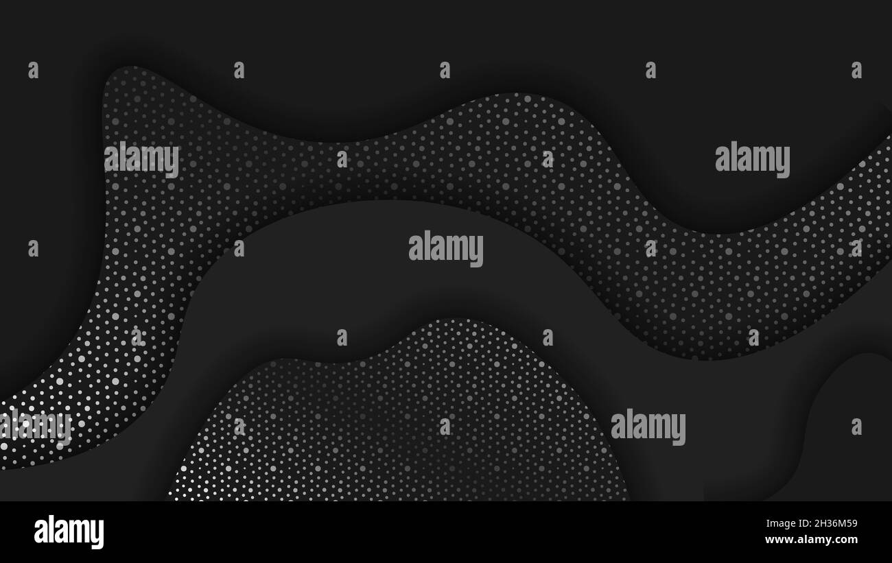 Arrière-plan coupé en papier noir.Décoration abstraite réaliste à motif de coupe de papier texturé avec des couches ondulées et un motif d'effet demi-ton argenté.relief topographique 3d. Illustration de Vecteur