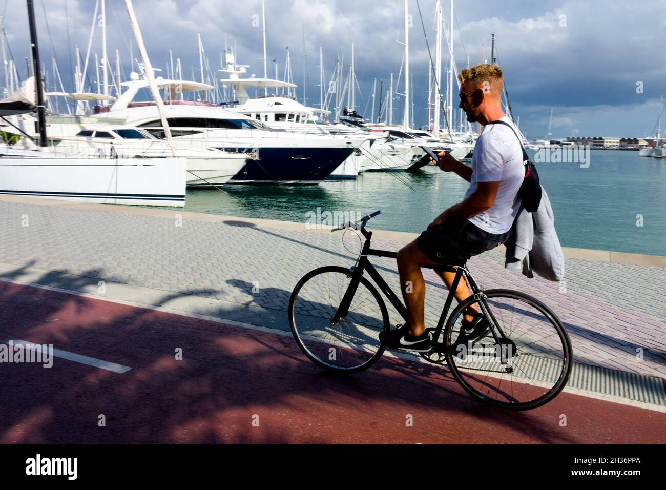 Homme à vélo dans le port de Palma de Majorque Espagne Europe Banque D'Images