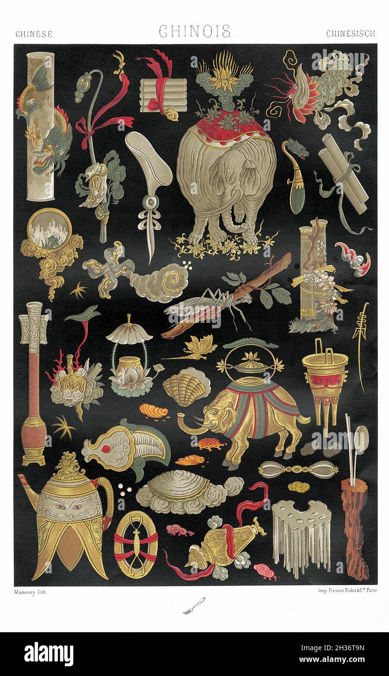 Chinois - le semis de motifs ornementaux peints et dorés - sur le bois laqué.- par l'ornement 1880. Banque D'Images