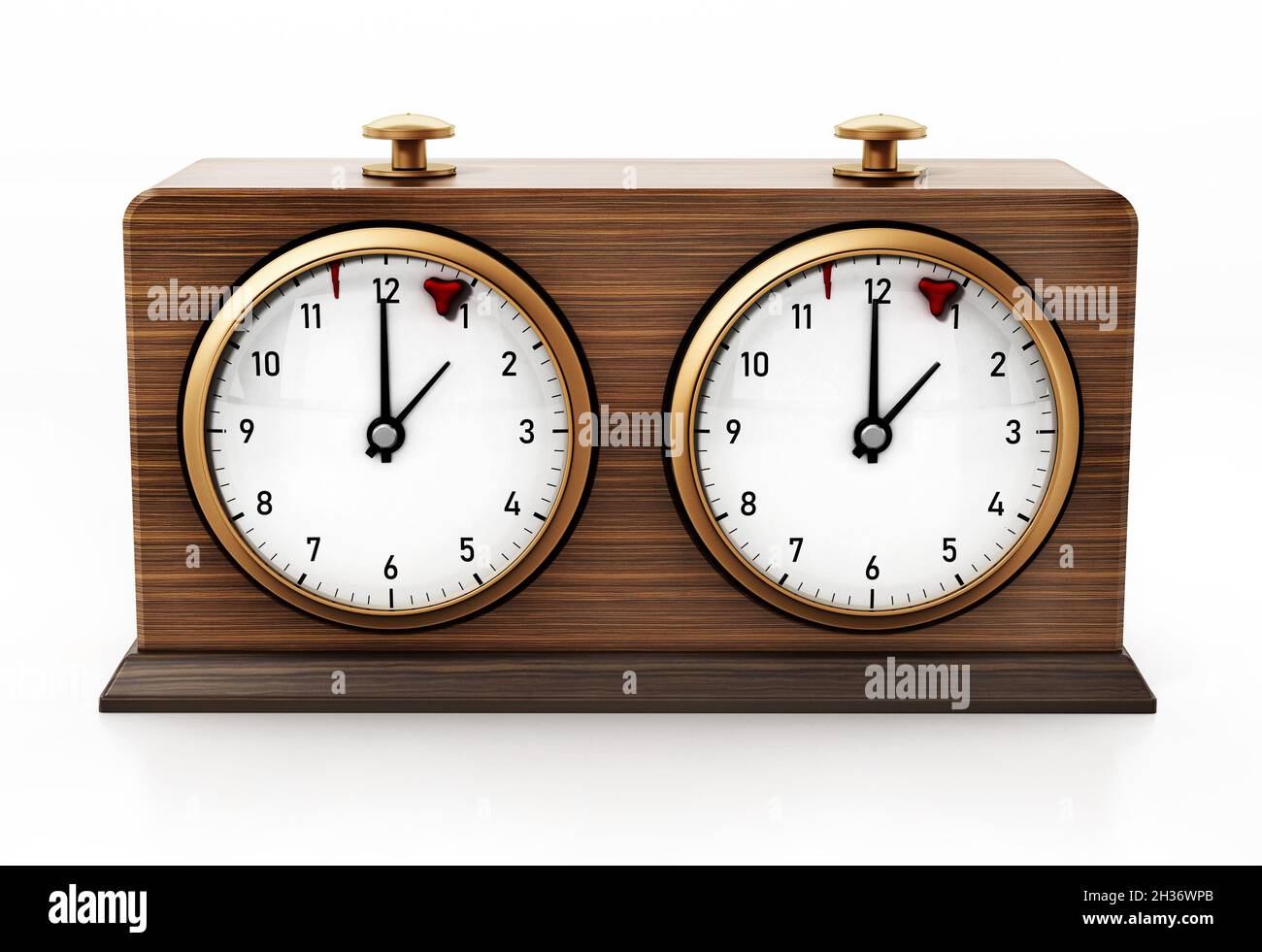 Horloge d'échecs rétro en bois isolée sur fond blanc.Illustration 3D. Banque D'Images