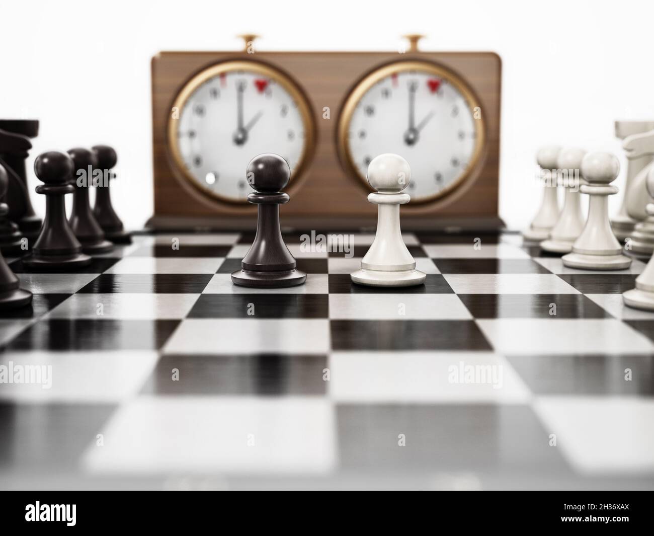 Horloge d'échecs rétro en bois et tableau d'échecs isolés sur fond blanc.Illustration 3D. Banque D'Images
