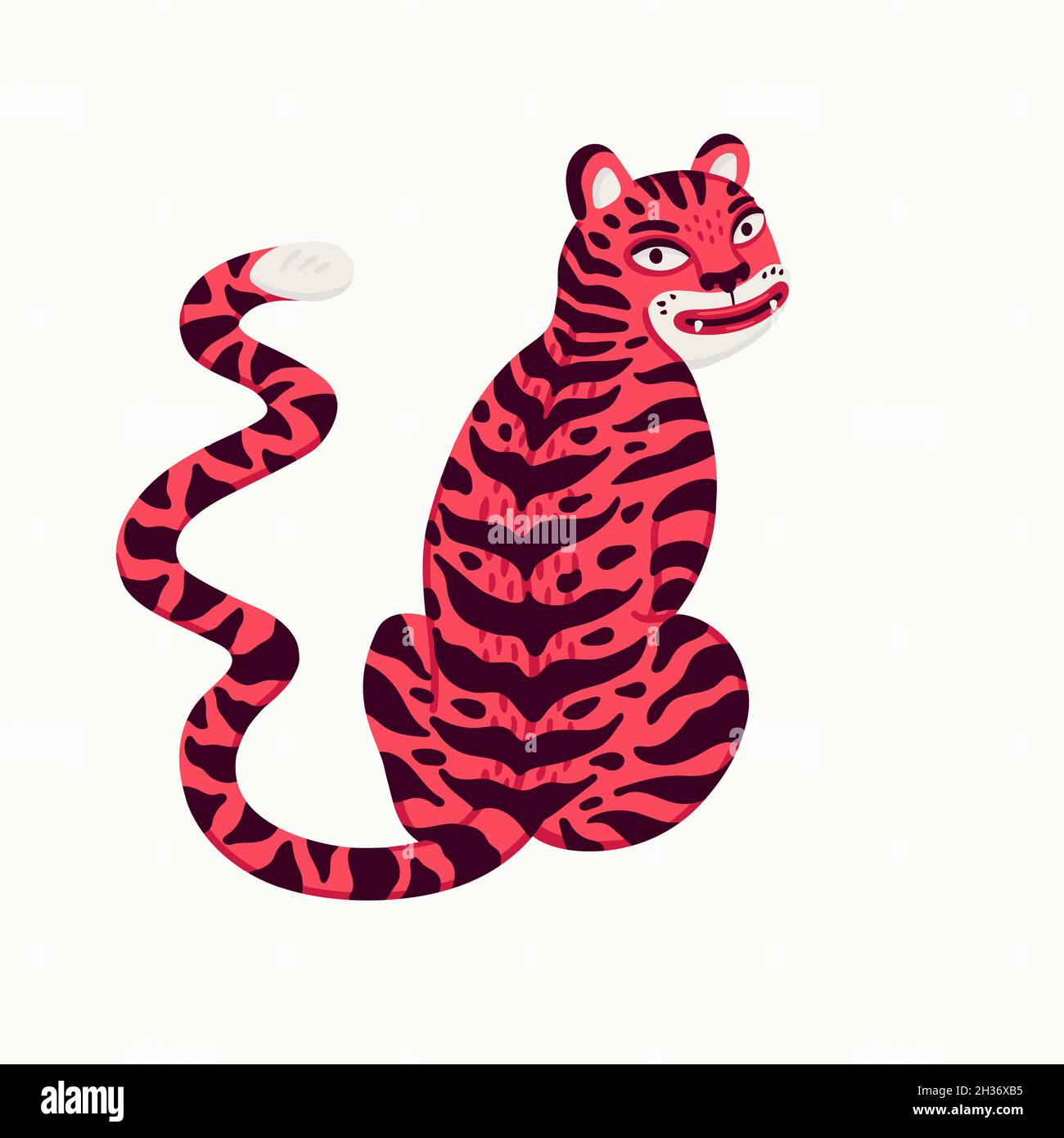 Illustration de vecteur de tigre, dessin animé tigre rose assis sur fond blanc.Illustration vectorielle de style plat organique Illustration de Vecteur