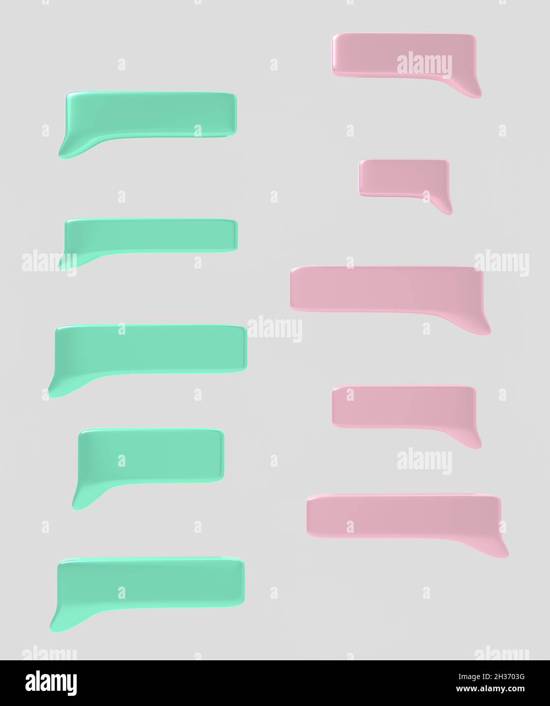 Bulle de dialogue de couleur rose et bleue isolée sur fond blanc. Illustration 3D. Banque D'Images