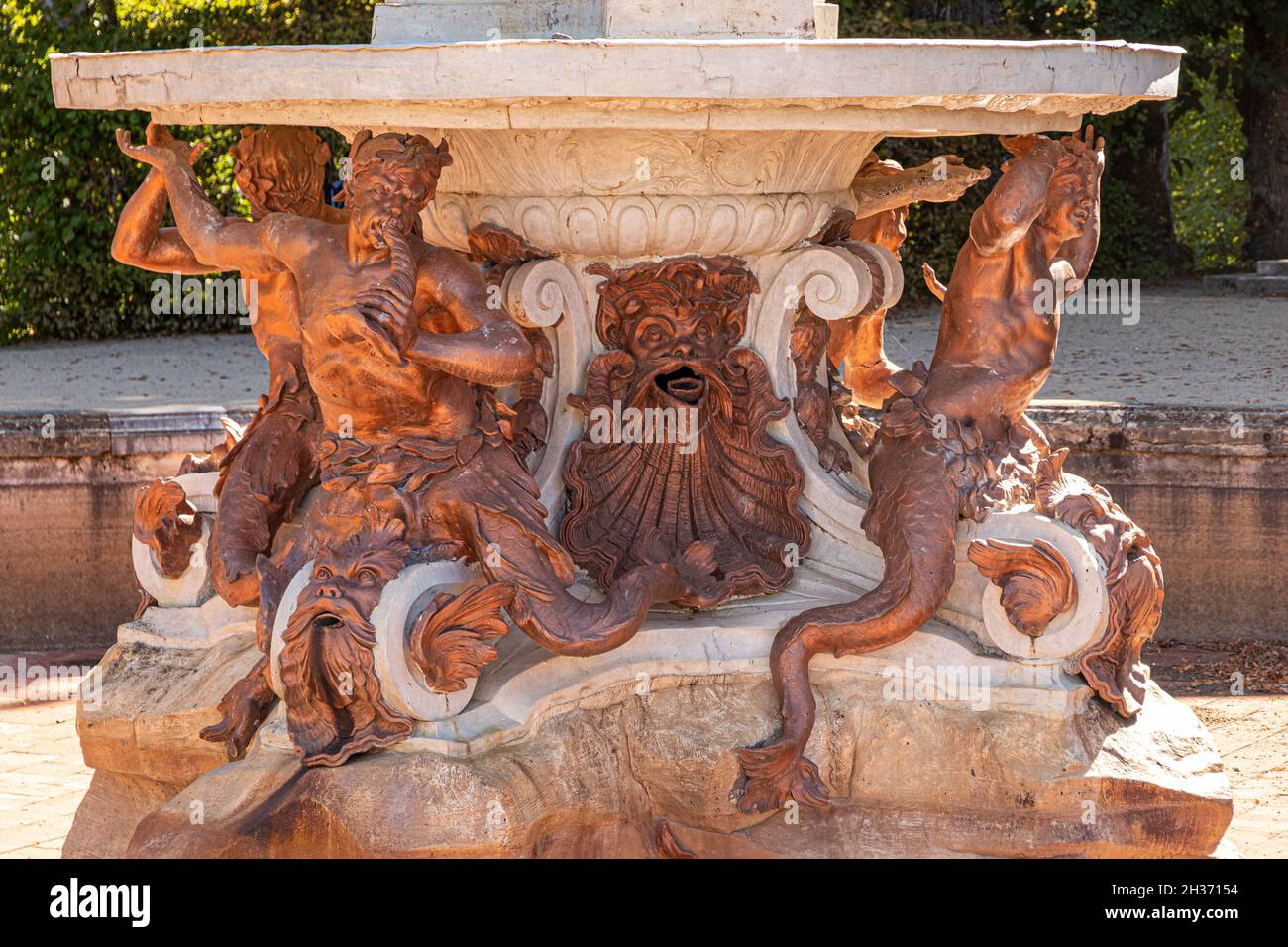 Gros plan des statues dans le jardin du Palais Royal de la Granja de San Ildefonso, Ségovie, Espagne Banque D'Images