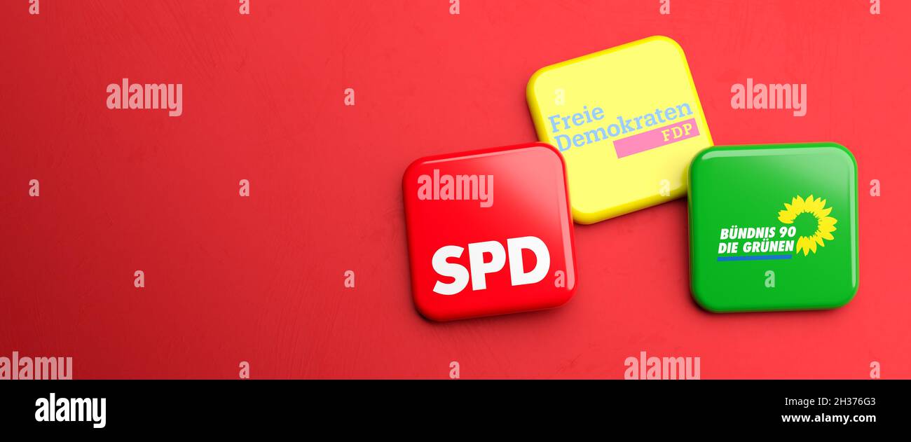 Logos des partis politiques allemands SPD, Die Grünen, FDP qui pourraient former la coalition dite des feux de circulation dans les élections du Bundestag. Copier Banque D'Images
