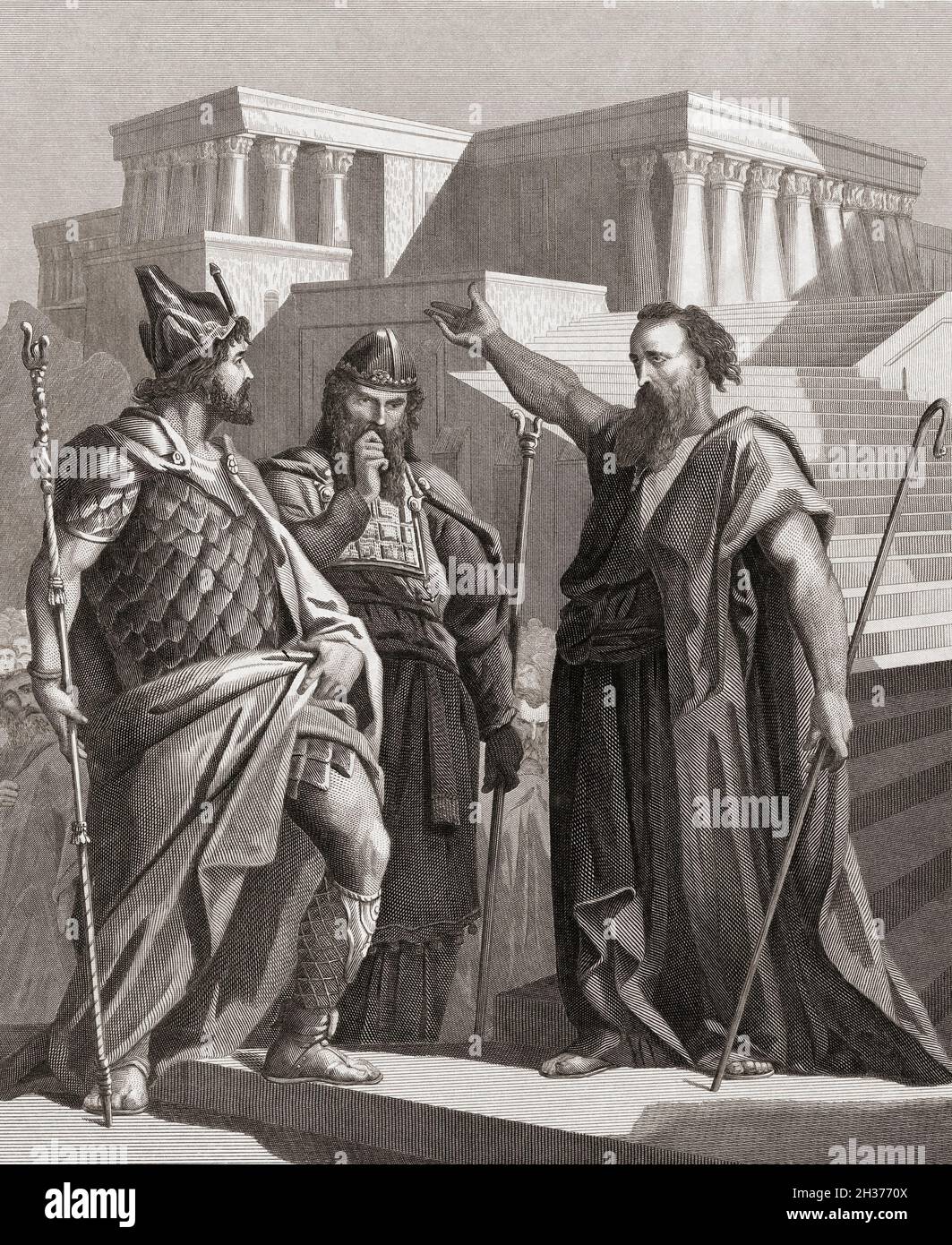 Le prophète hébreu Haggai exhorte le gouverneur Zorobabel et le souverain Sacrificateur Josué à commencer la construction du second Temple de Jérusalem.Après une œuvre du XIXe siècle de Jan Reckleben Banque D'Images