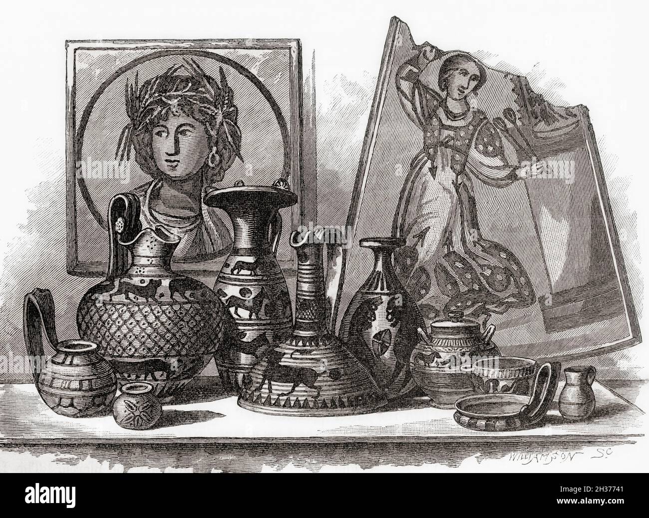 Spécimens d'art carthaganien, copiés à partir de mosaïques trouvées sur le site de Carthage.De l'Histoire universelle illustrée de Cassell, publié en 1883. Banque D'Images
