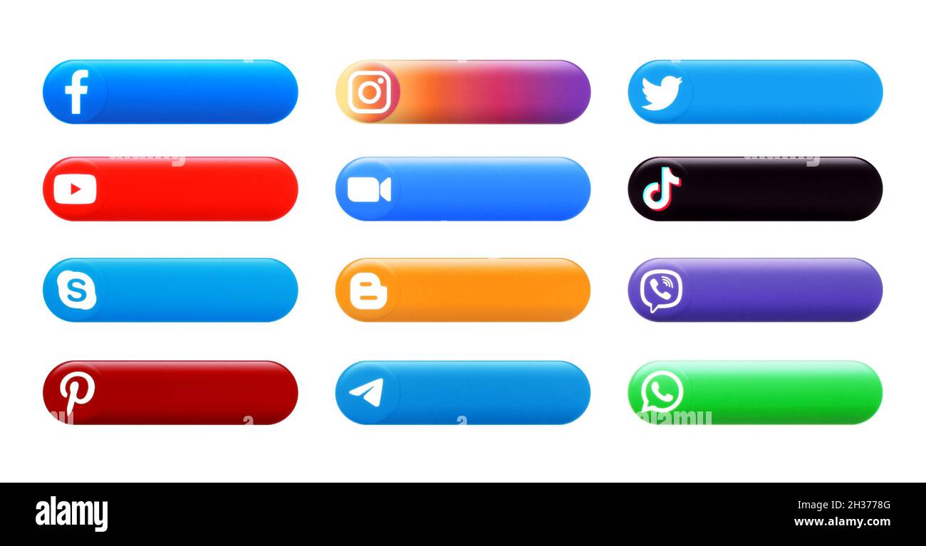 Kiev, Ukraine - 27 septembre 2021: Ensemble de boutons de volume avec les logos d'applications populaires: Facebook, Instagram, Twitter, Youtube, Tiktok et d'autres,imprimé o Banque D'Images