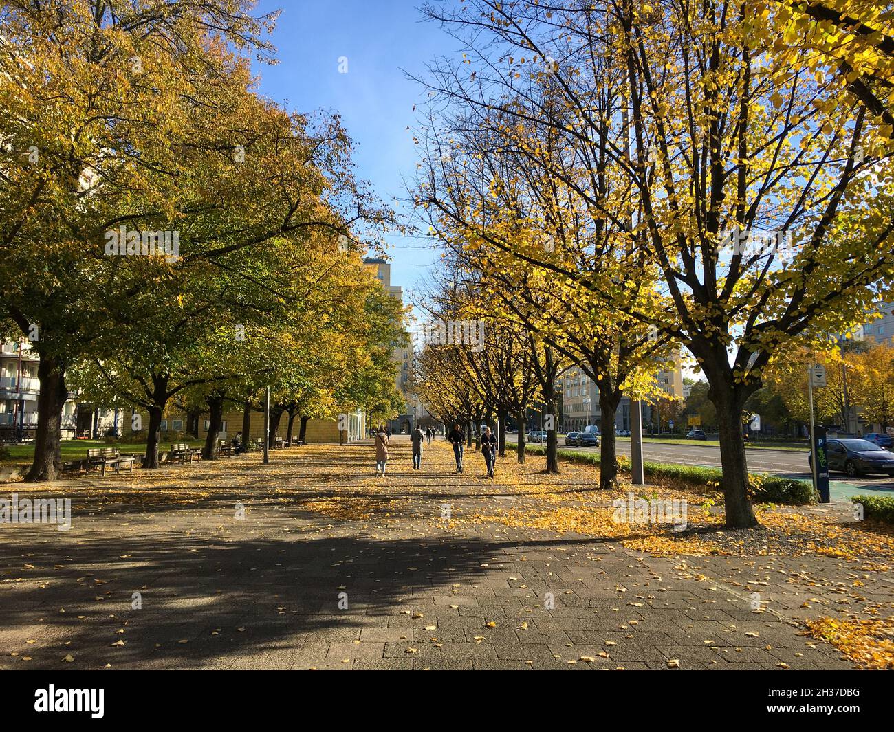 BERLIN, ALLEMAGNE - le 24 OCTOBRE 2021 : belle journée d'automne à Karl-Marx-Allee, un boulevard de Berlin par un beau jour d'octobre.Couleurs d'automne dorées.Lea Banque D'Images