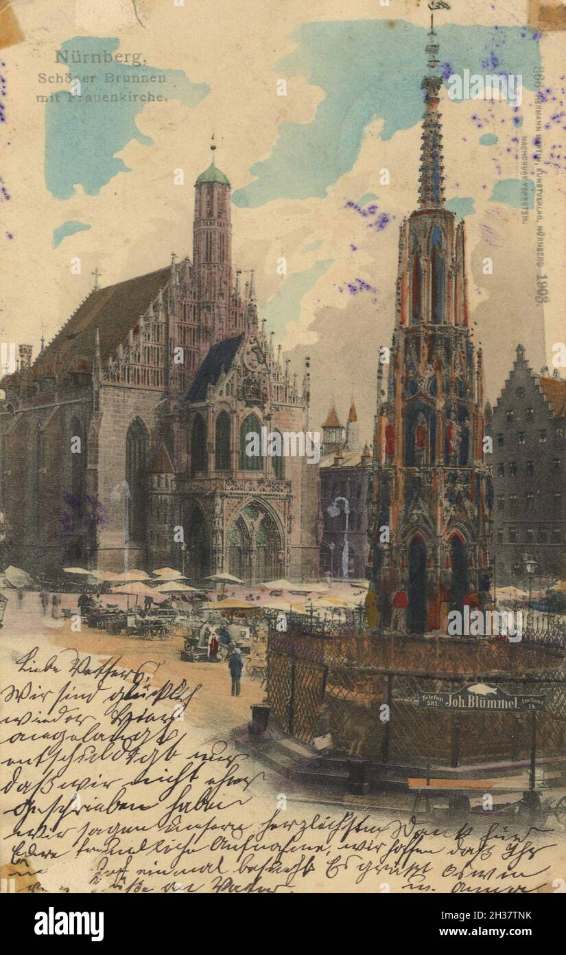 Schönen Brunnen und Frauenkirche in Nürnberg, Mittelfranken, Bayern, Deutschland, Ansicht von ca 1910, digitale Reproduktion einer gemeinfreien Postkarte Banque D'Images